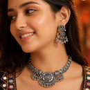 Etnico Traditional Navratri Oxidised Silver Plated Multicolour Choker Necklace with Earrings and Maang Tikka Jewellery Set for Women (OXJ011)