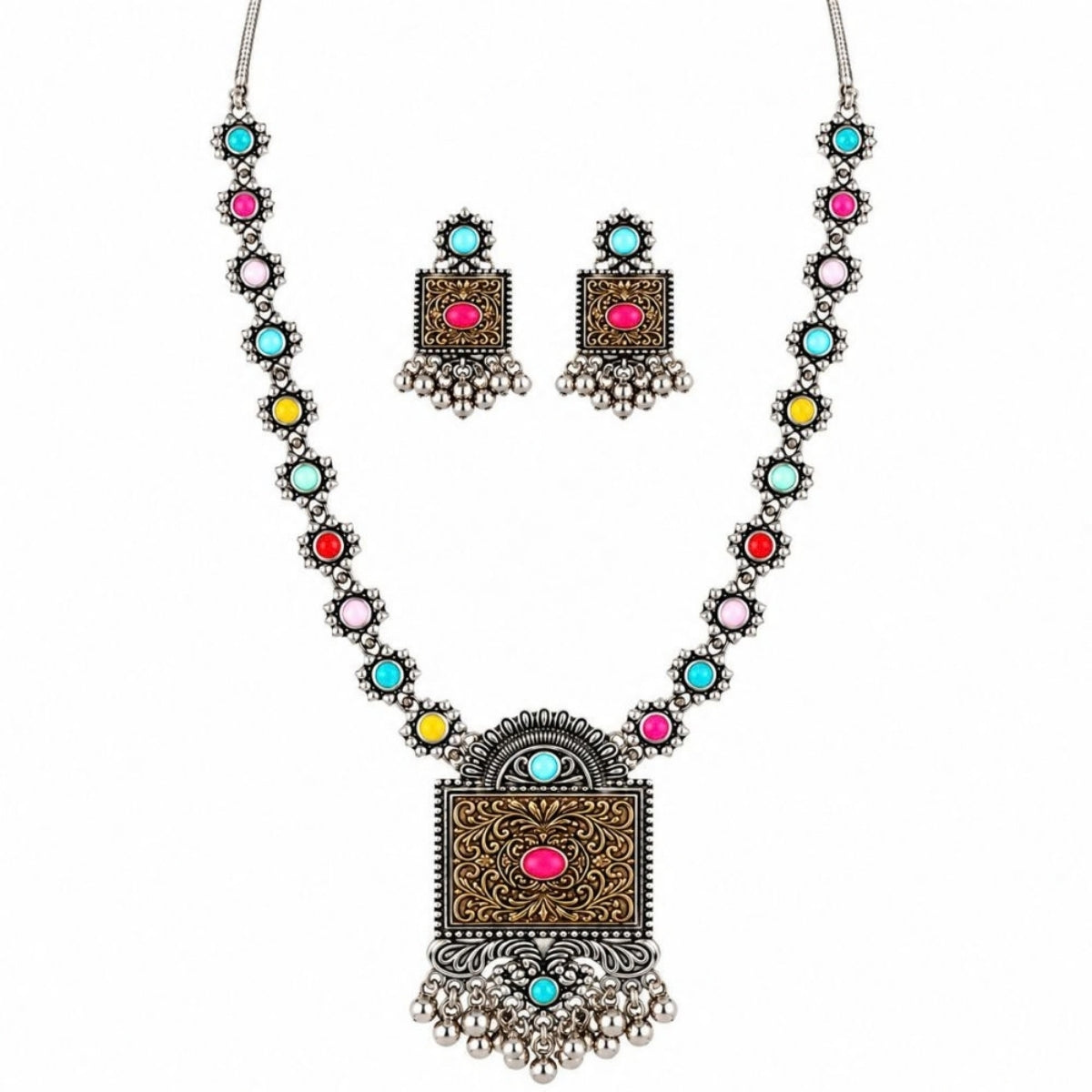 Etnico Traditional Navratri Oxidised Silver Plated Multicolour Long Necklace with Matching Earrings Jewellery Set for Women (OXJ012Mul)