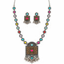 Etnico Traditional Navratri Oxidised Silver Plated Multicolour Long Necklace with Matching Earrings Jewellery Set for Women (OXJ012Mul)