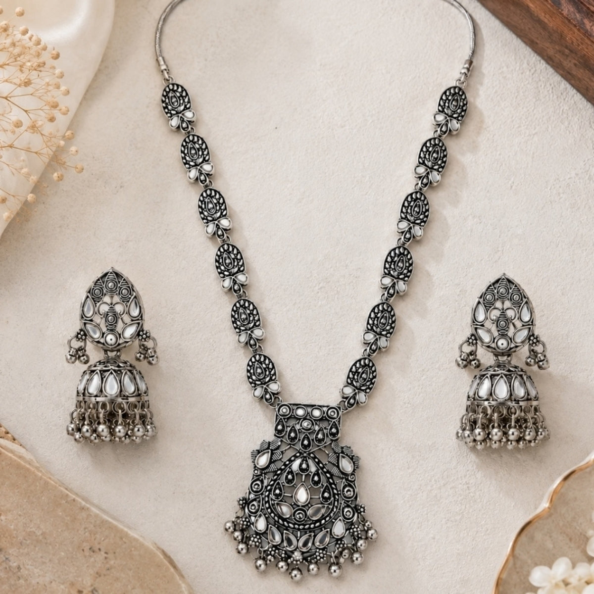 Etnico Traditional Navratri Oxidised Silver Plated Long Necklace with Jhumka Earrings Jewellery Set for Women (OXJ014S)