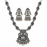 Etnico Traditional Navratri Oxidised Silver Plated Long Necklace with Jhumka Earrings Jewellery Set for Women (OXJ014S)