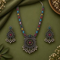 Etnico Traditional Navratri Oxidised Silver Plated Multicolour Stone Long Necklace with Earrings Jewellery Set for Women (OXJ016Mul)