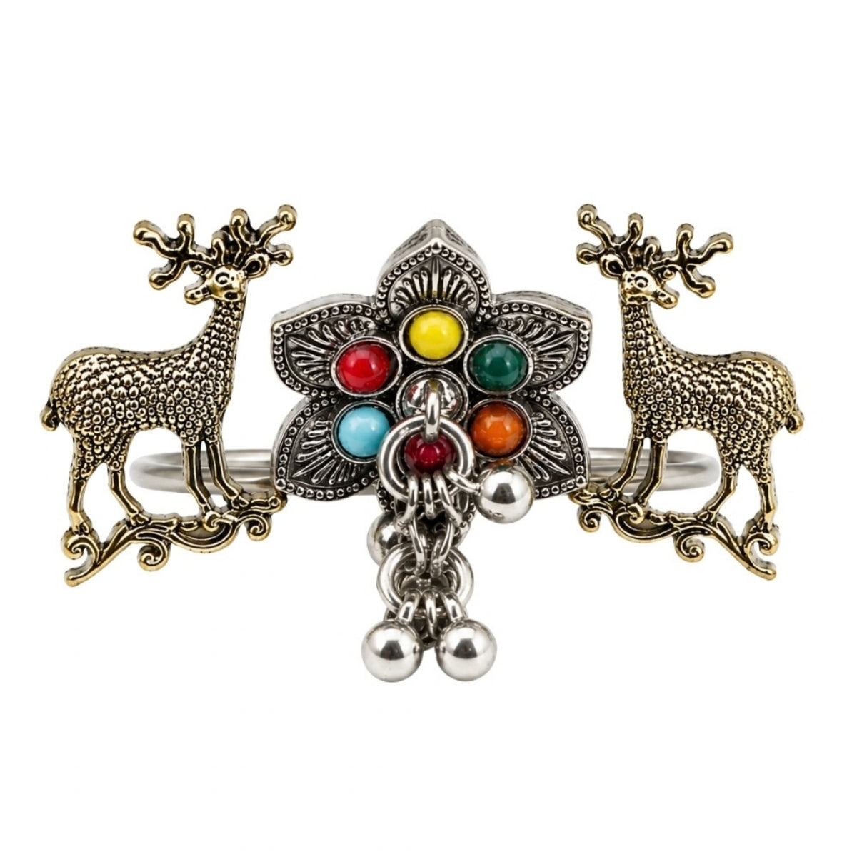 Etnico Traditional Oxidised Silver Plated Design Two Finger Ring with Multicolour Stones & Hanging Ball Charms for Women & Girls