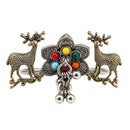 Etnico Traditional Oxidised Silver Plated Design Two Finger Ring with Multicolour Stones & Hanging Ball Charms for Women & Girls