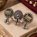 Etnico Traditional Oxidised Silver Plated Design Two Finger Ring with Multicolour Stones & Hanging Ball Charms for Women & Girls