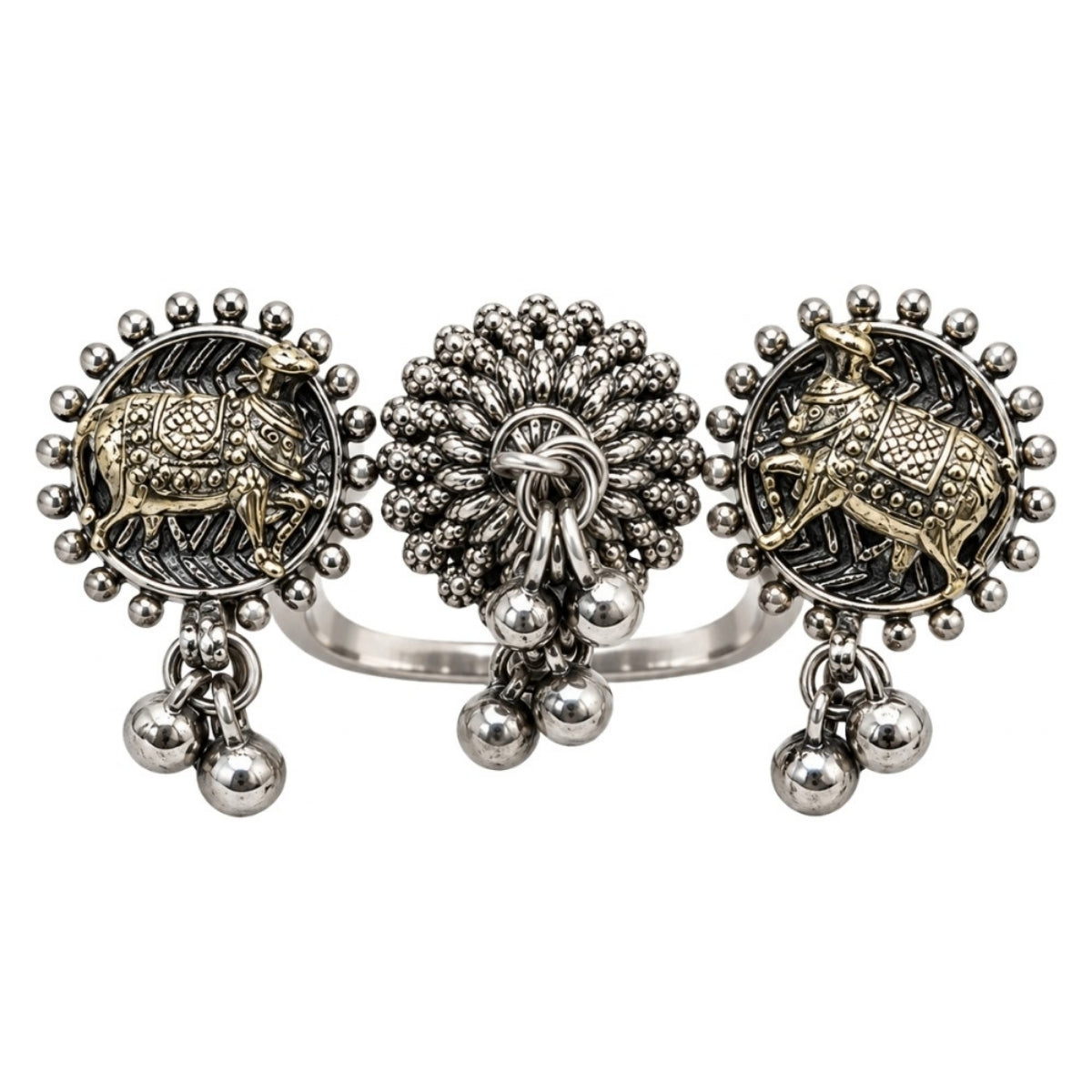 Etnico Traditional Oxidised Silver Plated Design Two Finger Ring with Multicolour Stones & Hanging Ball Charms for Women & Girls