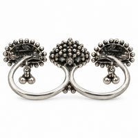 Etnico Traditional Oxidised Silver Plated Design Two Finger Ring with Multicolour Stones & Hanging Ball Charms for Women & Girls