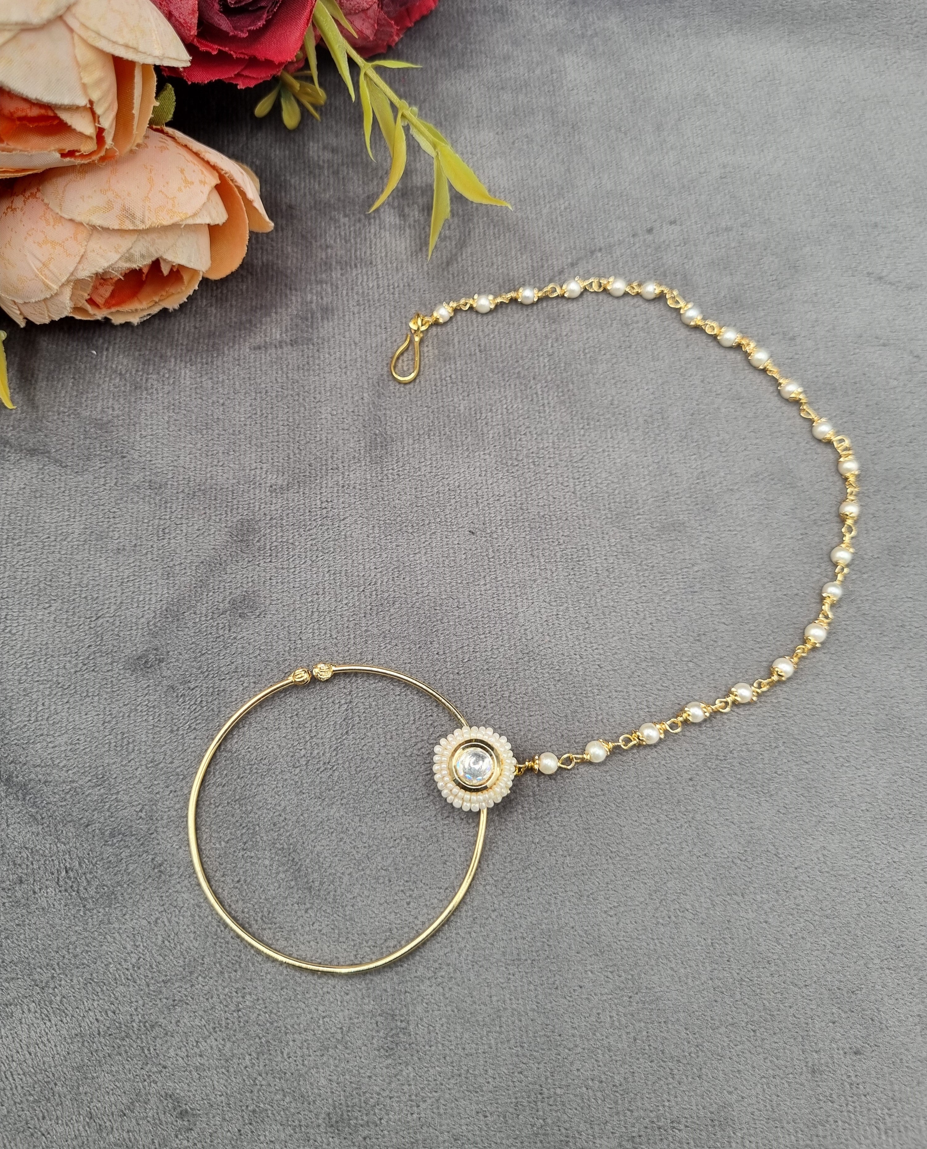 LAFZ  Traditional Stone & Pearl Studded Hoop Nath with Pearl Beaded Chain - PM5