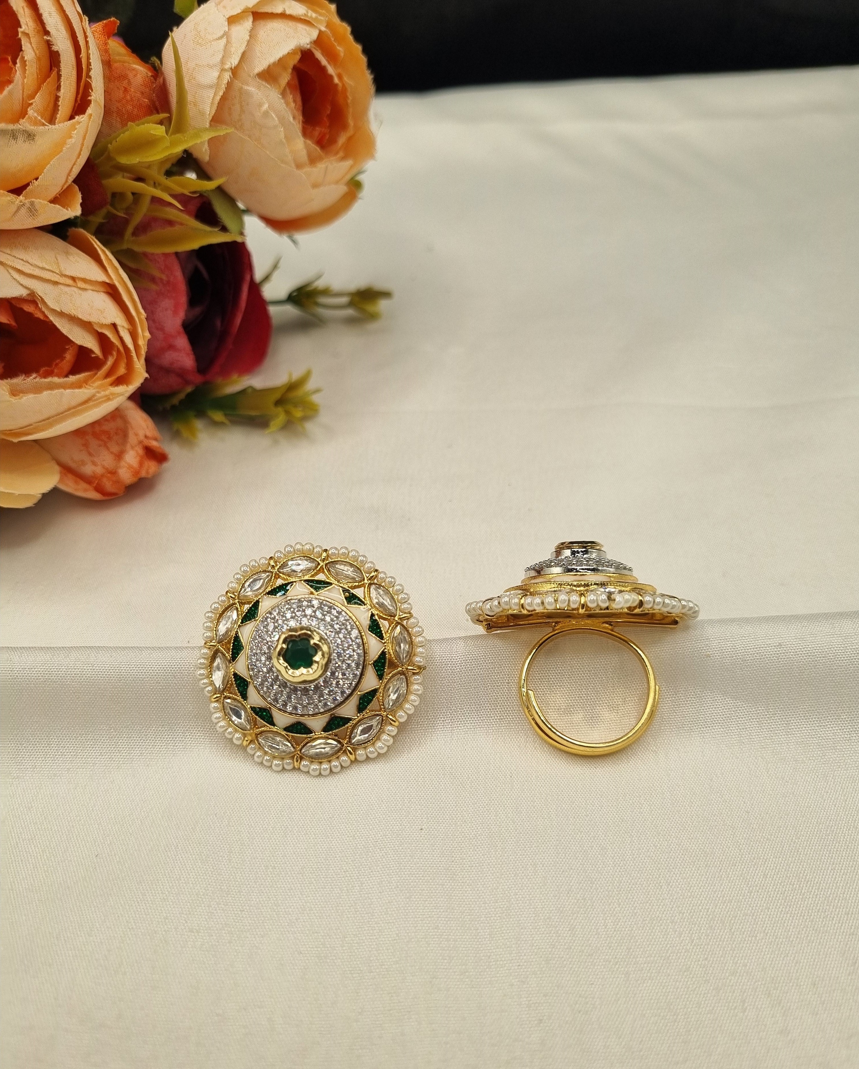 LAFZ  Dome Medallion Statement Ring with Micro-Pearl Border - PMRG13