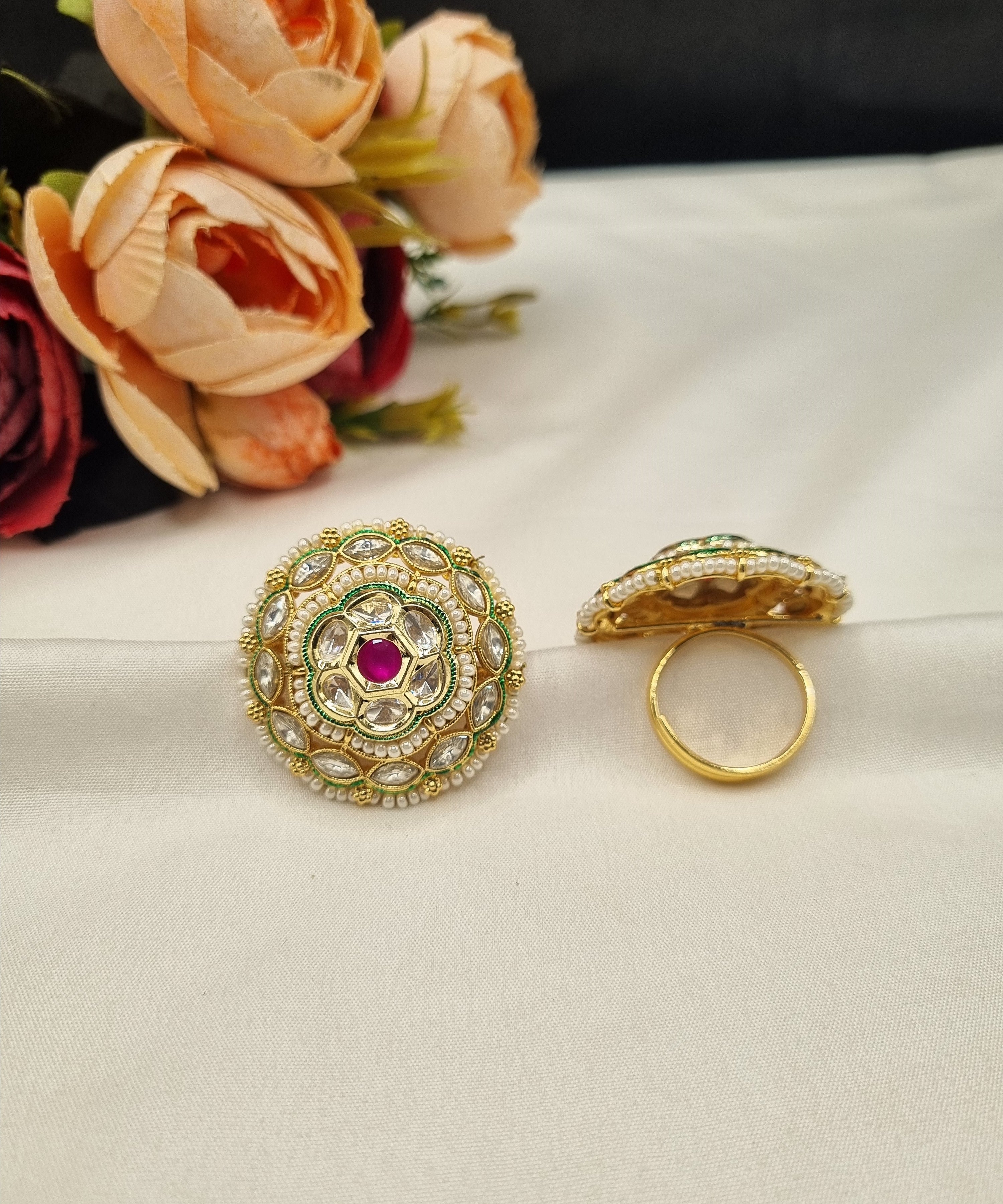 LAFZ  Gold-Plated Floral Circular Statement Ring with Pearl Border - PMRG15