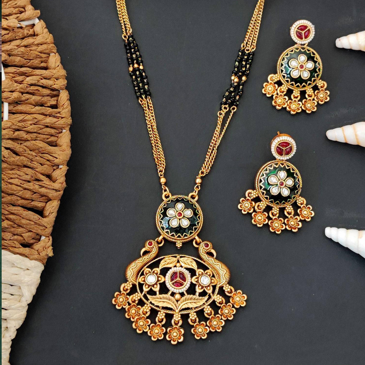 Js Fashion  Peacock Designer Rajwadi Polish Fancy Style Pendant Set