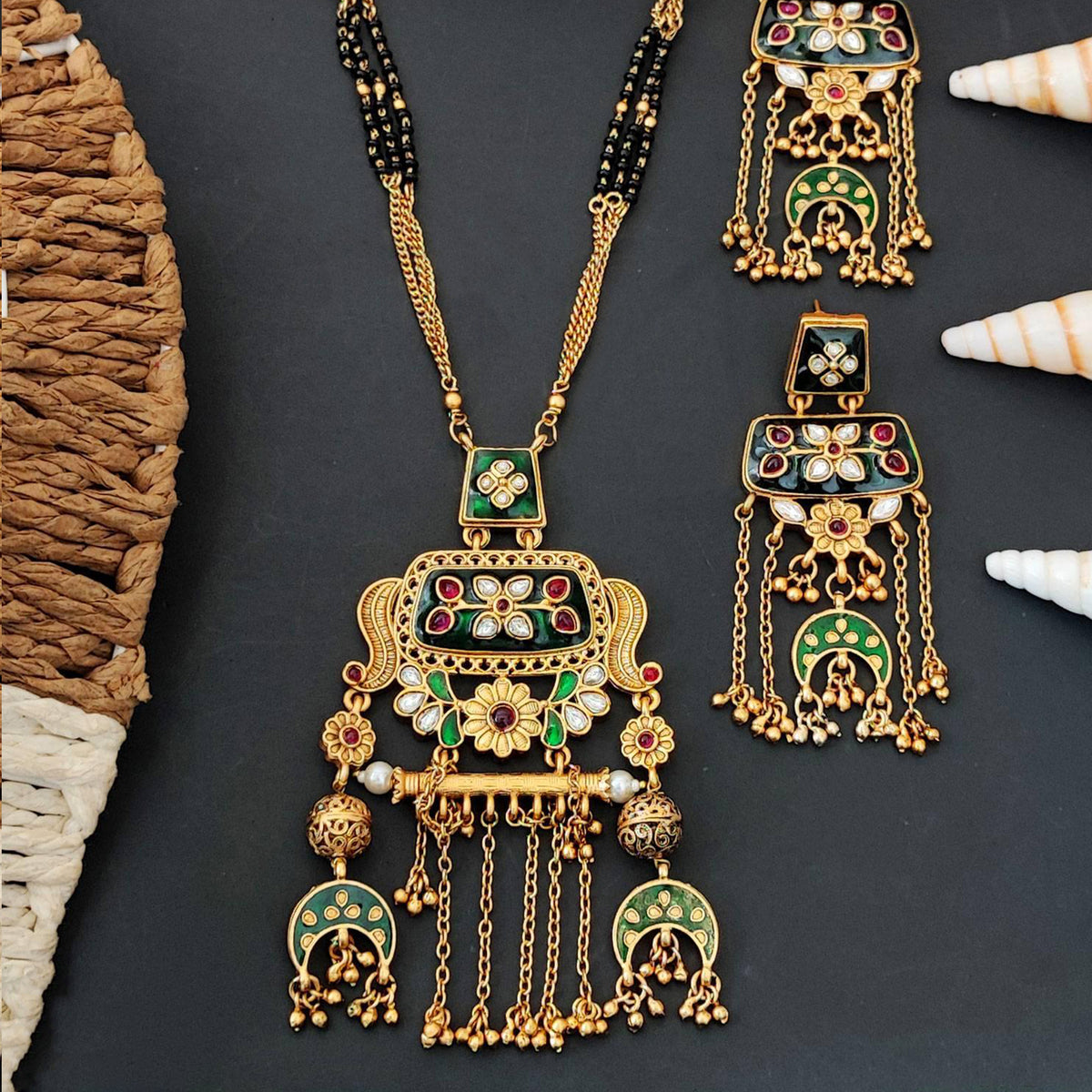 Js Fashion  Heritage Rajwadi Polish Full Stone Party Wear Pendant SetSet
