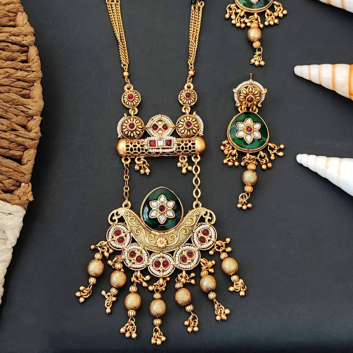 Js Fashion  Heritage Rajwadi Polish Full Stone Party Wear Pendant SetSet
