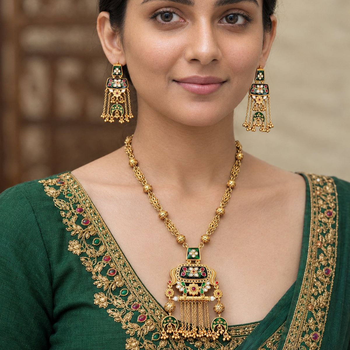 Js Fashion  Designer Rajwadi Polish Fancy Full Stone Party Wear Pendant Set