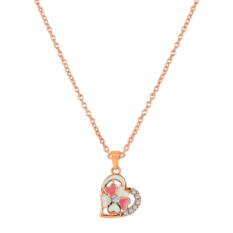 Mahi Rose Gold Plated Pink and Green Meenakari Work and Crystals Floral Heart Necklace Pendant for Women (PS1101876ZPinGre)