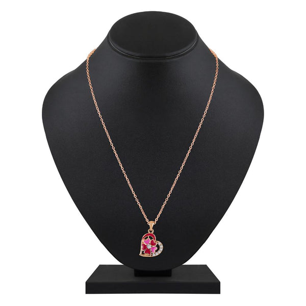 Mahi Rose Gold Plated Red and Pink Meenakari Work and Crystals Floral Heart Necklace Pendant for Women (PS1101877ZRedPin)