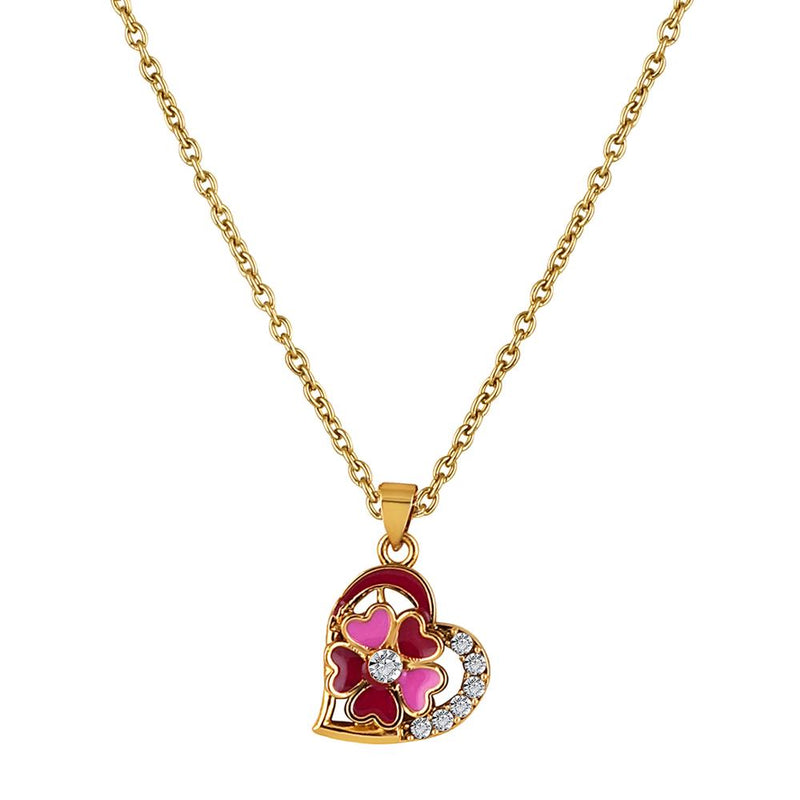 Mahi Gold Plated Pink and Maroon Meenakari Work and Crystals Floral Heart Necklace Pendant for Women (PS1101878GPinMar)