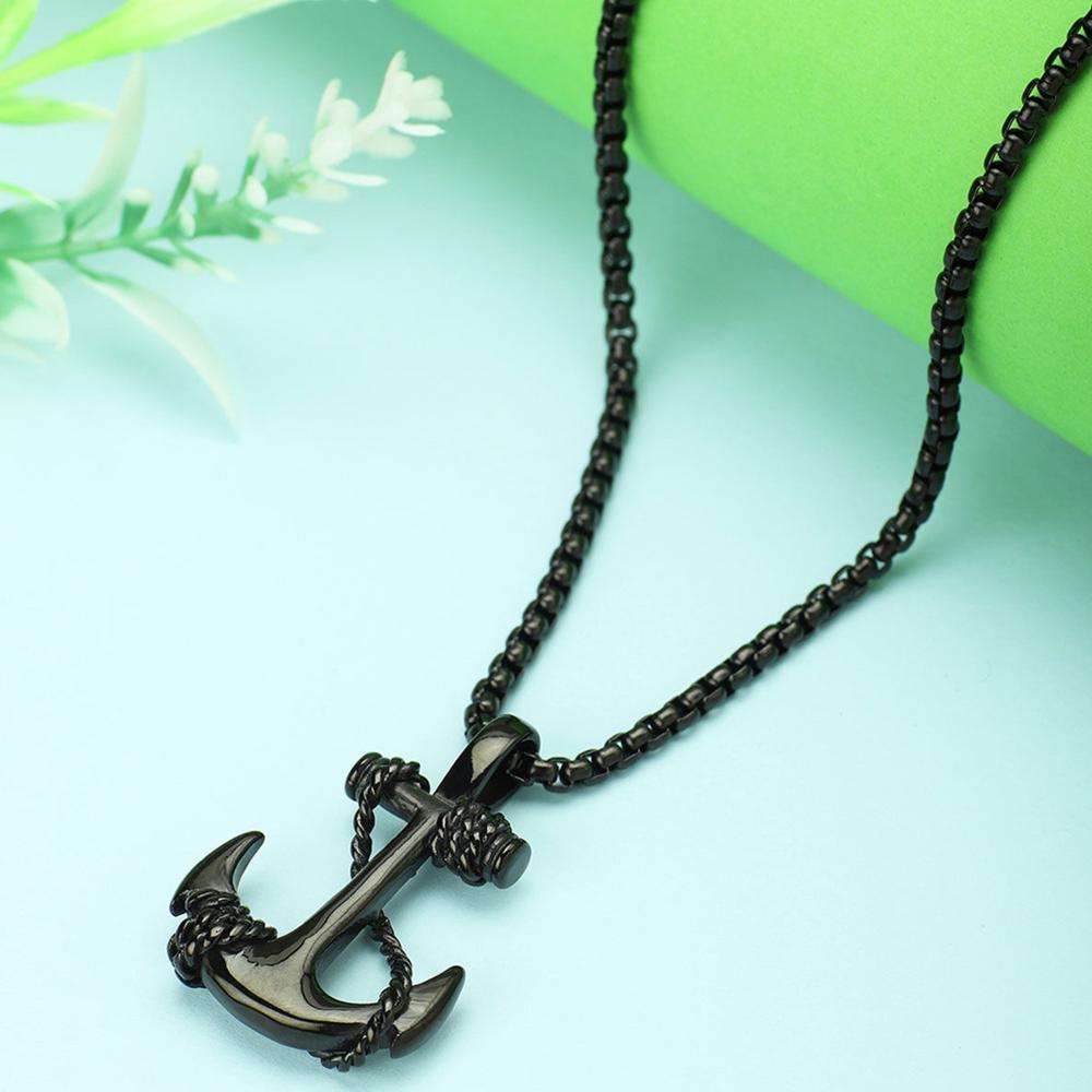 Mahi Black Plated Exclusive Unisex Sailor Anchor Necklace Pendant with Box Chain (PS1101882B)