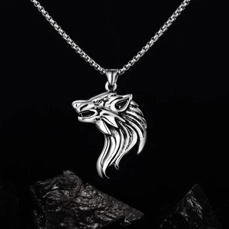 Mahi Oxidised Rhodium Plated Wolf-Shaped Pendant Necklace with Chain for Men (PS1101884R)