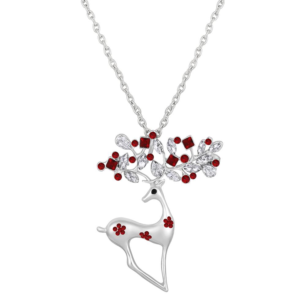 Mahi Red and White Crystals Cute Deer-Shaped Pendant Necklace witth Long Chain for Women (PS1101886RRed)