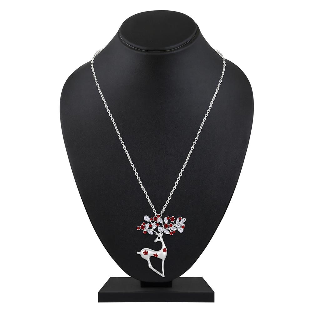 Mahi Red and White Crystals Cute Deer-Shaped Pendant Necklace witth Long Chain for Women (PS1101886RRed)