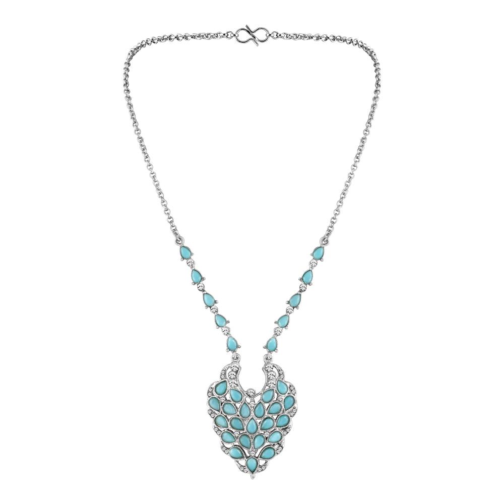 Mahi Peacock Feather-Shaped Necklace with Blue Crystals for Women (PS1101917R)