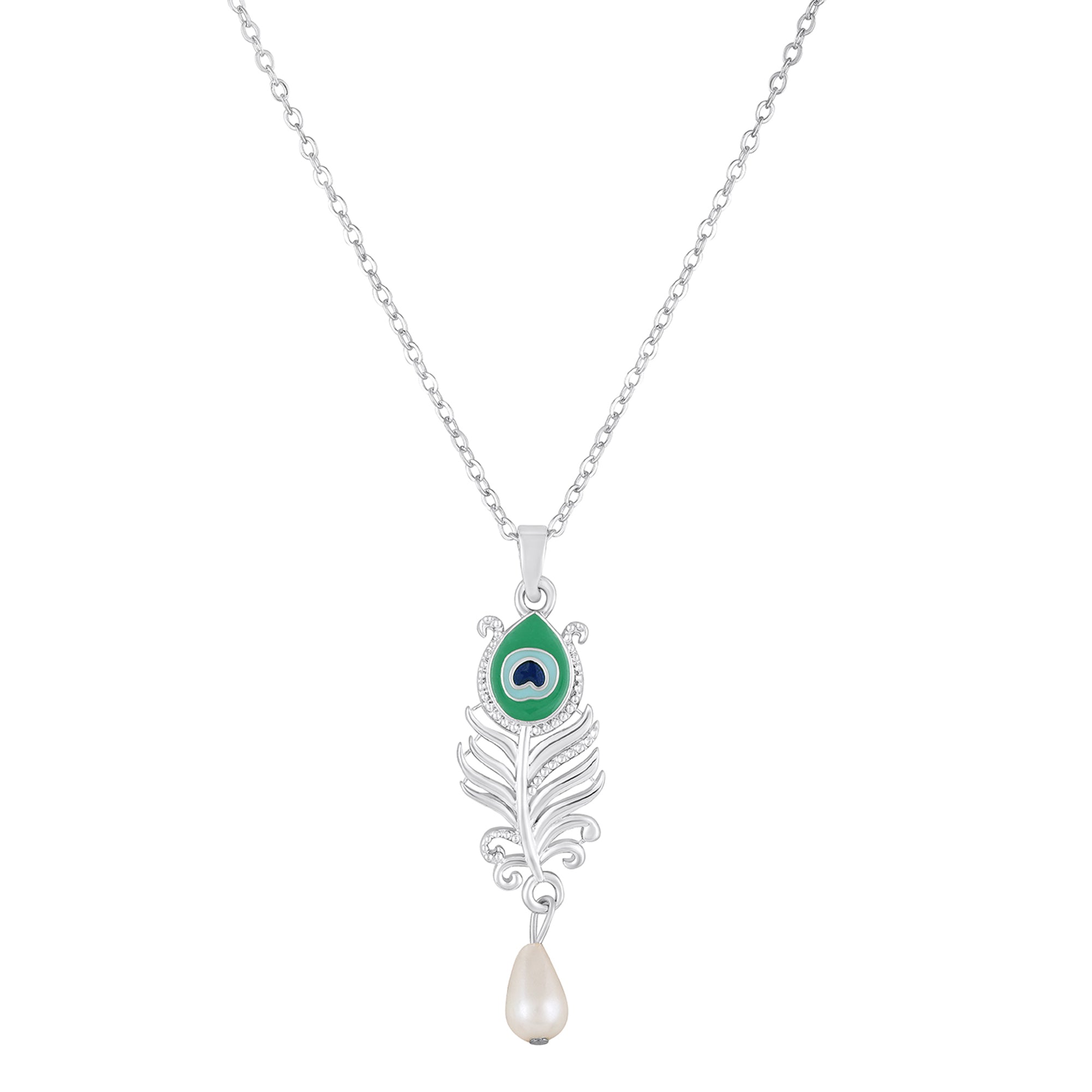 Mahi Peacock-Feather-Theme Meenakari Work Pendant Necklace for Women with Crystals and Pearl Drop (PS1101961R)