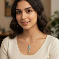 Mahi Peacock-Feather-Theme Meenakari Work Pendant Necklace for Women with Crystals and Pearl Drop (PS1101961R)