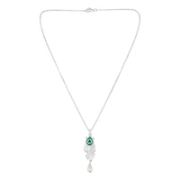 Mahi Peacock-Feather-Theme Meenakari Work Pendant Necklace for Women with Crystals and Pearl Drop (PS1101961R)