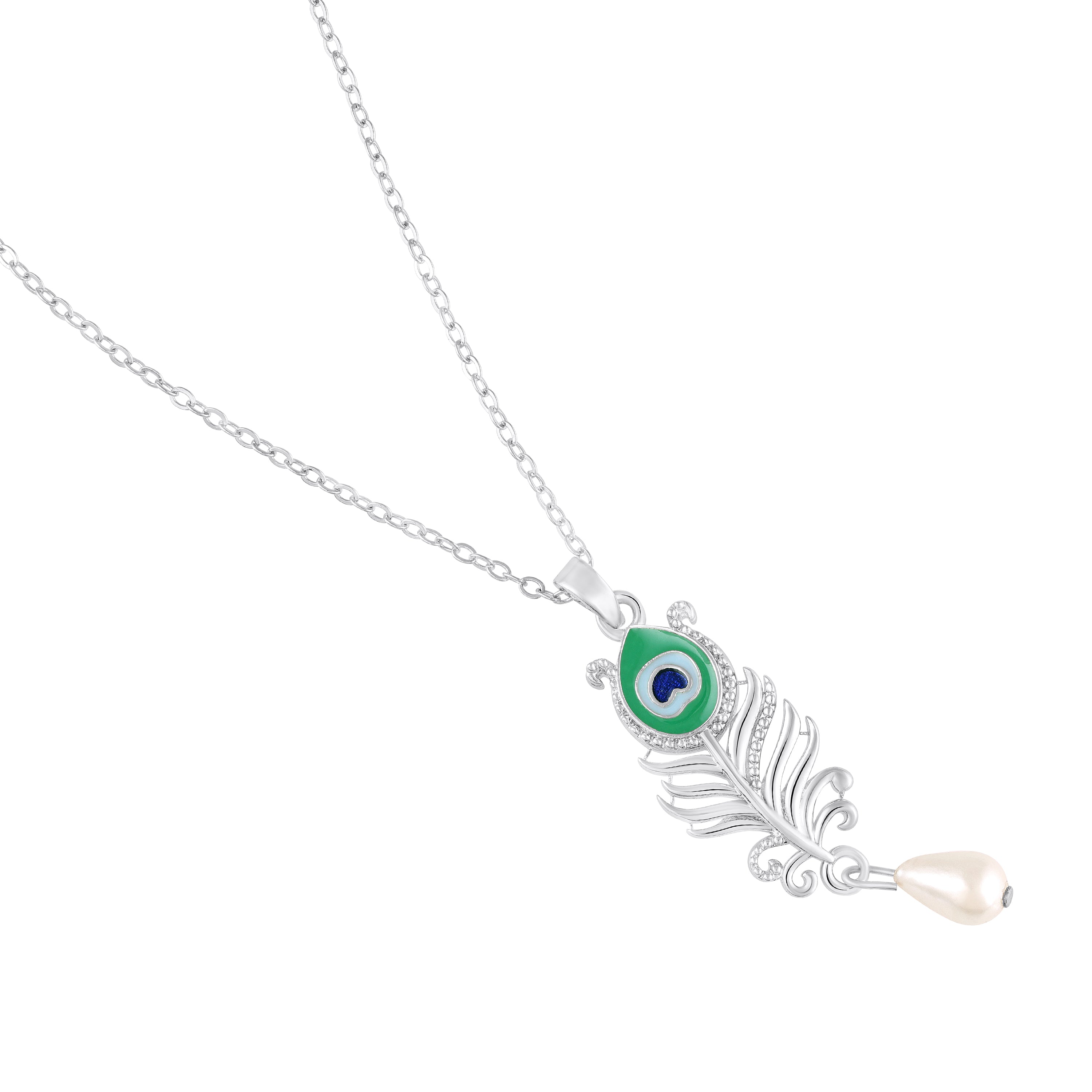 Mahi Peacock-Feather-Theme Meenakari Work Pendant Necklace for Women with Crystals and Pearl Drop (PS1101961R)