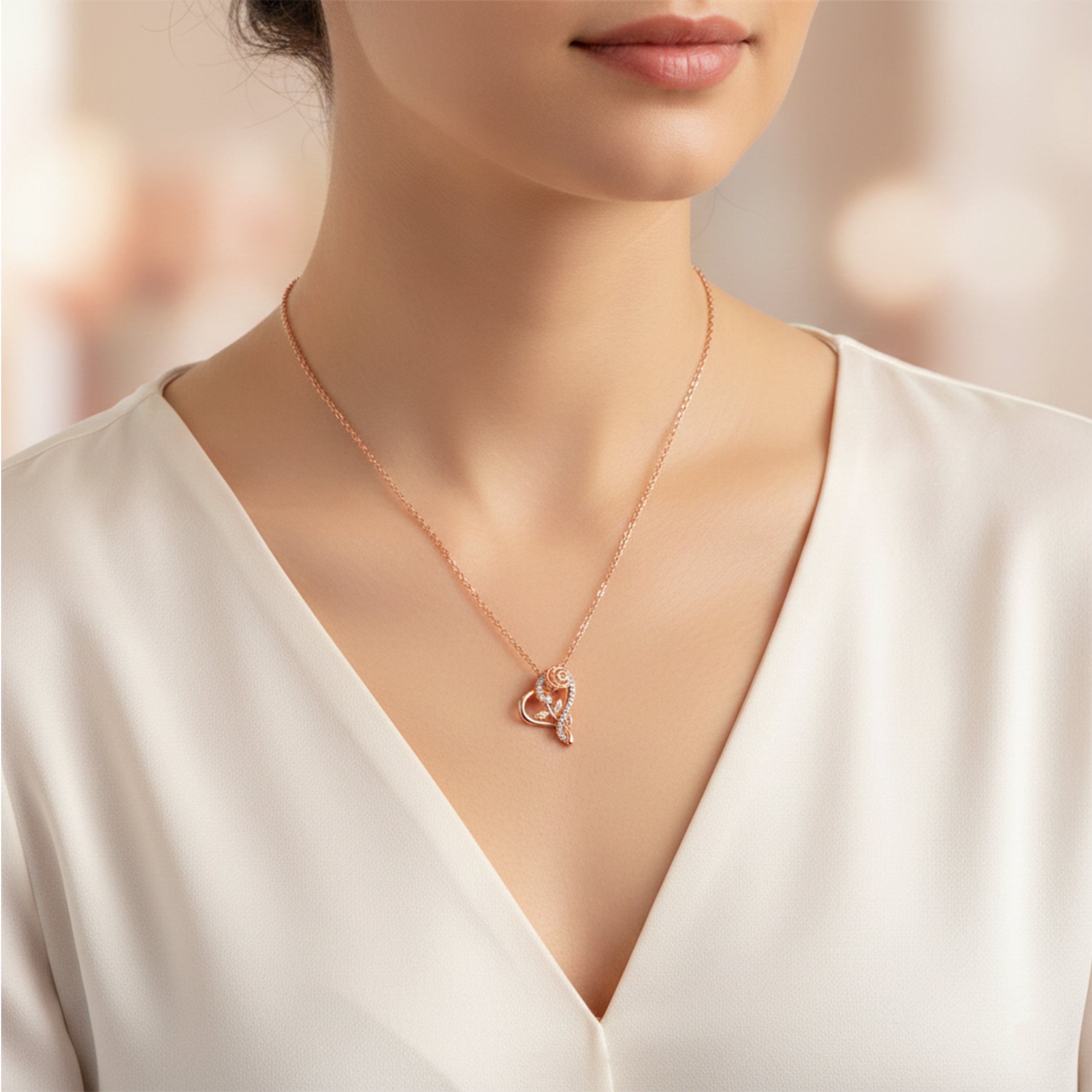 Mahi Rose & Heart Shaped Sparkling White Crystals Pendant Necklace for Women (PS1101973ZWhi)