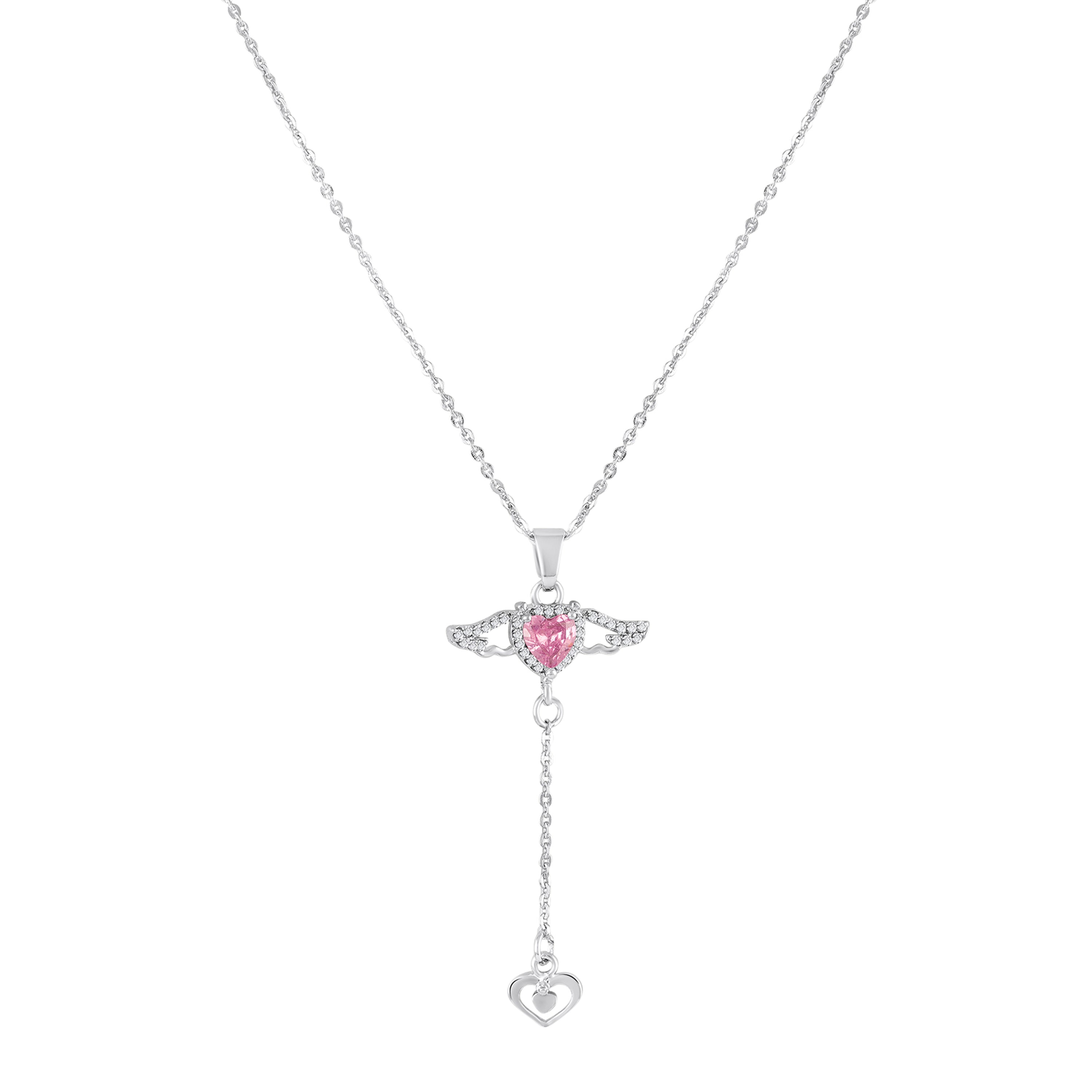 Mahi Winged Heart Pink Crystal Lariat Pendant Necklace with Dangle Heart Charm | Silver Finish (PS1101975RPin)