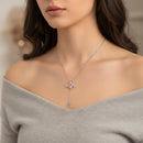 Mahi Winged Heart Pink Crystal Lariat Pendant Necklace with Dangle Heart Charm | Silver Finish (PS1101975RPin)