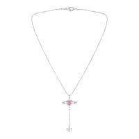 Mahi Winged Heart Pink Crystal Lariat Pendant Necklace with Dangle Heart Charm | Silver Finish (PS1101975RPin)