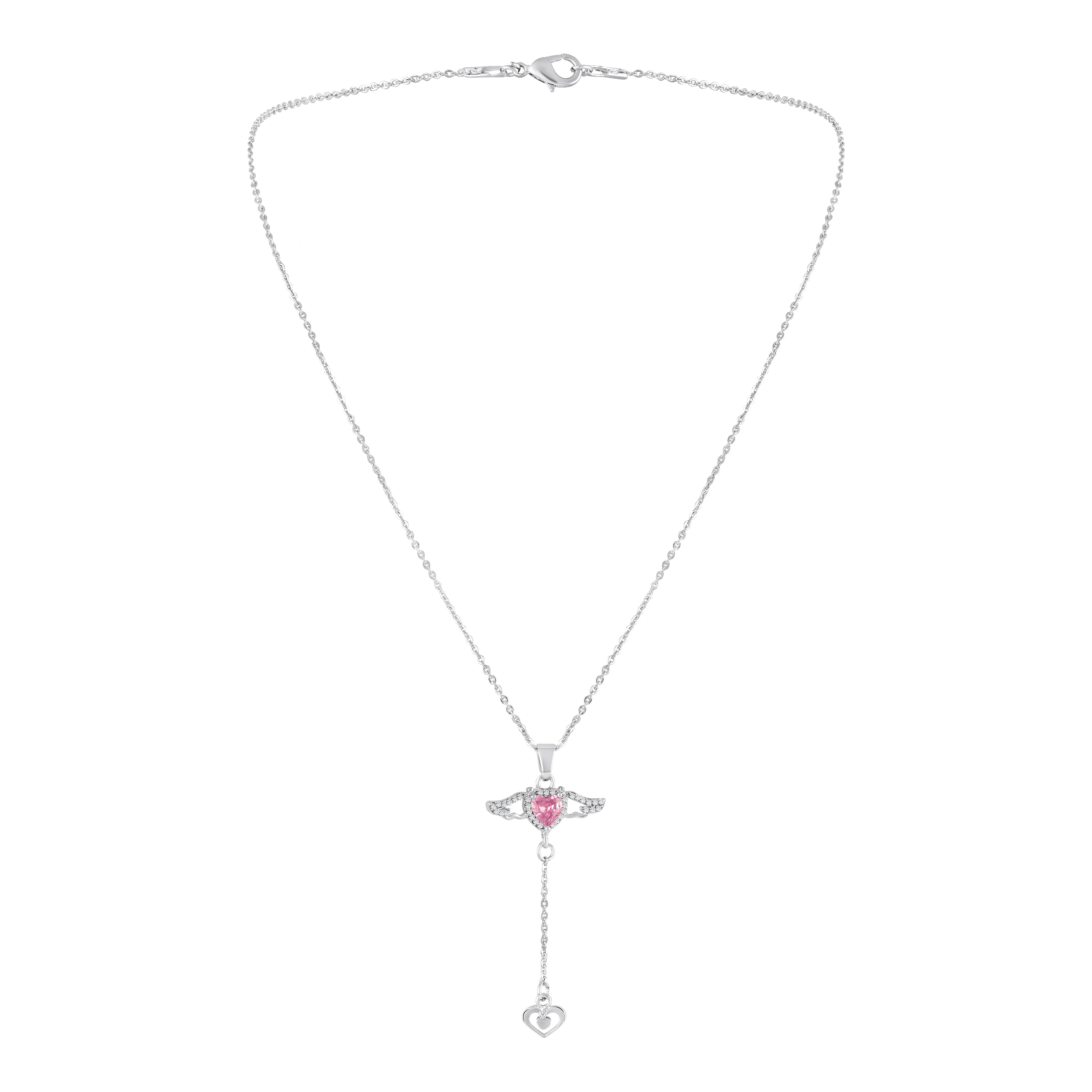 Mahi Winged Heart Pink Crystal Lariat Pendant Necklace with Dangle Heart Charm | Silver Finish (PS1101975RPin)