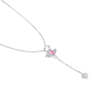 Mahi Winged Heart Pink Crystal Lariat Pendant Necklace with Dangle Heart Charm | Silver Finish (PS1101975RPin)