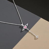 Mahi Winged Heart Pink Crystal Lariat Pendant Necklace with Dangle Heart Charm | Silver Finish (PS1101975RPin)