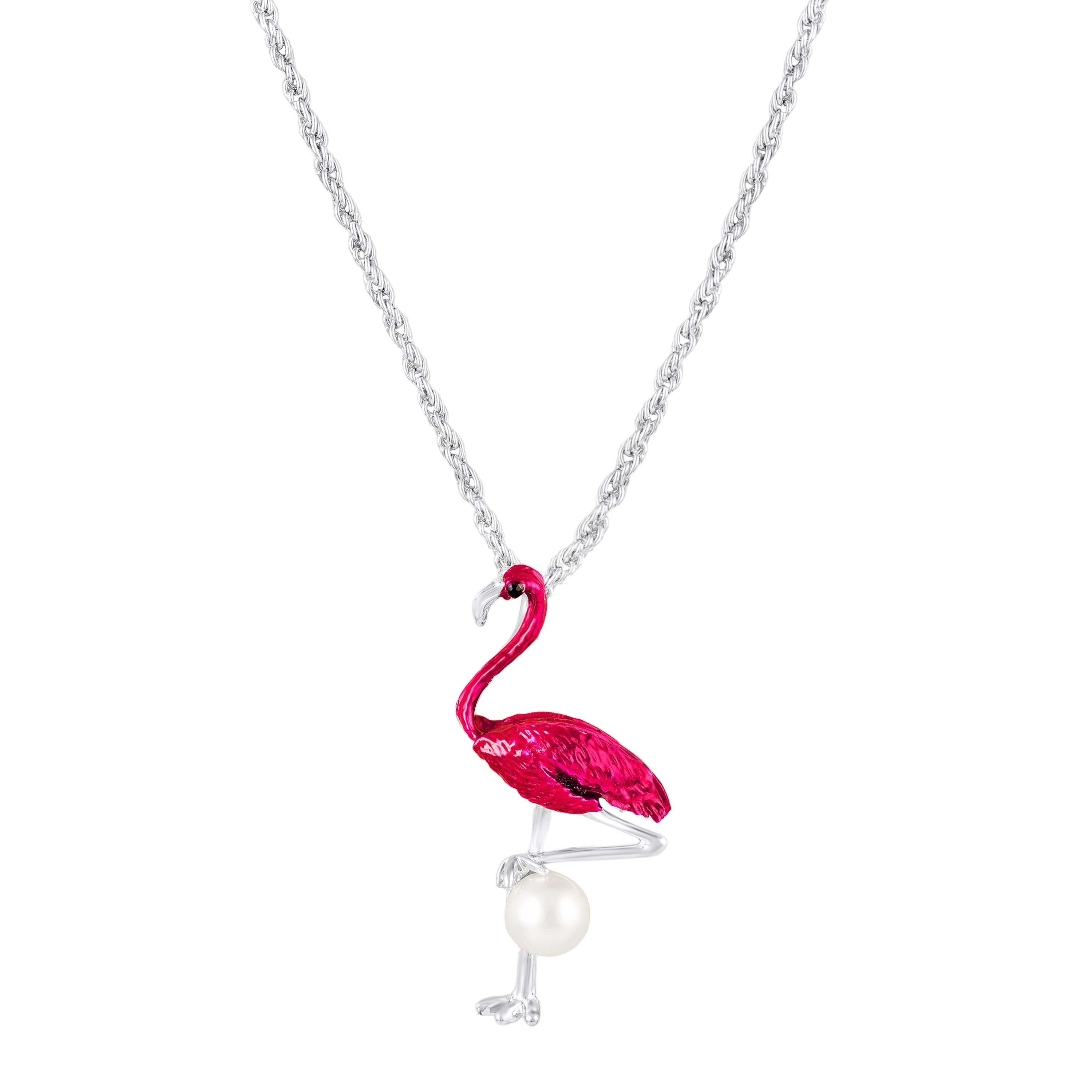 Mahi Swan-Shaped Artificial Pearl Pendant Necklace | Pink Enamel Bird-Theme Charm | Silver-Tone Chain for Women (PS1101976RPin)