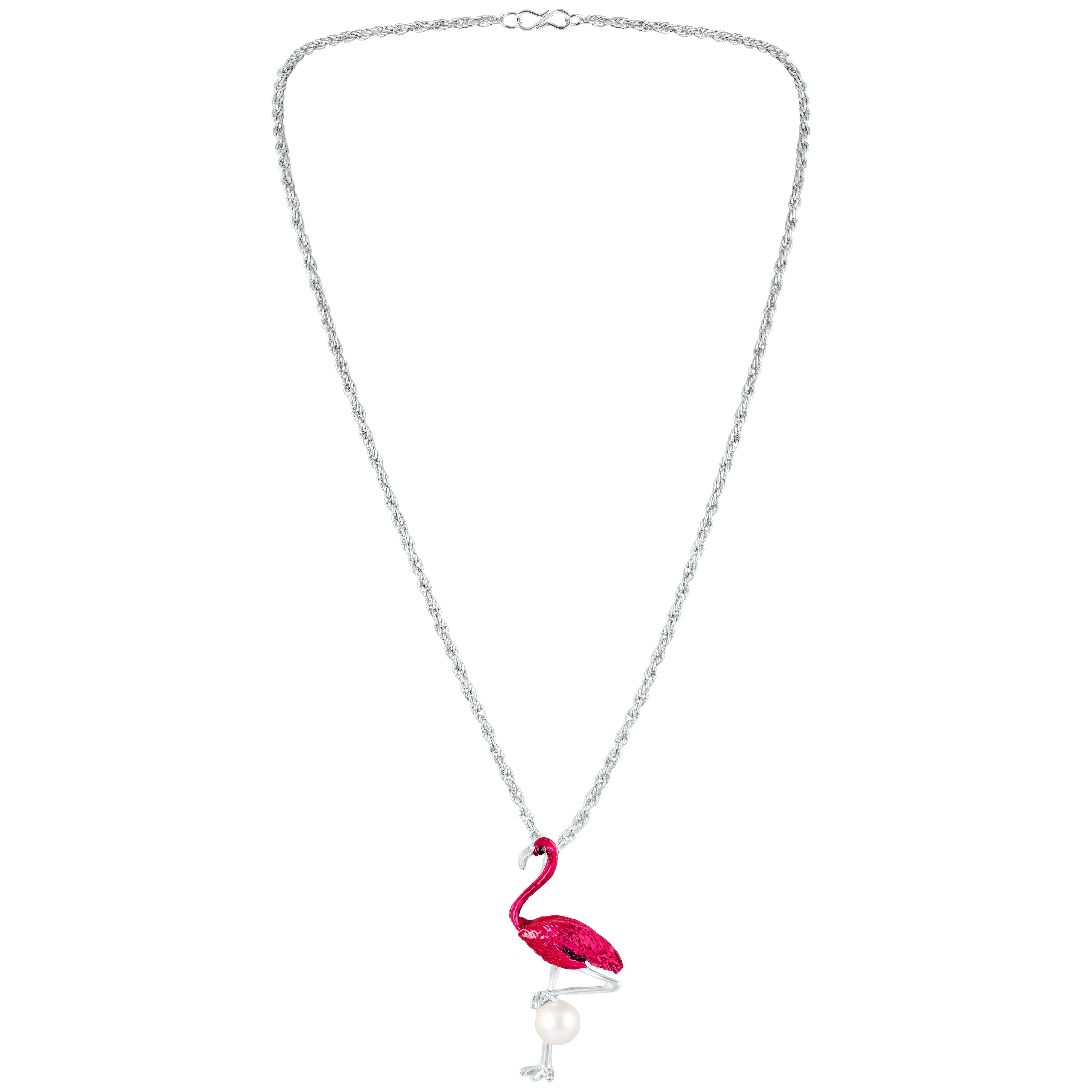 Mahi Swan-Shaped Artificial Pearl Pendant Necklace | Pink Enamel Bird-Theme Charm | Silver-Tone Chain for Women (PS1101976RPin)
