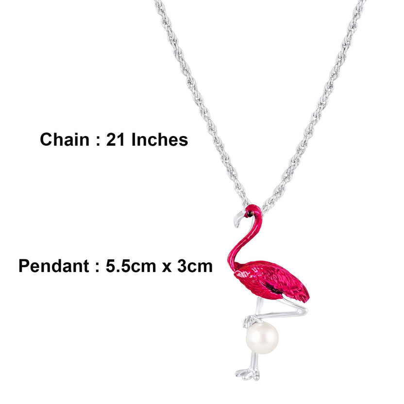Mahi Swan-Shaped Artificial Pearl Pendant Necklace | Pink Enamel Bird-Theme Charm | Silver-Tone Chain for Women (PS1101976RPin)