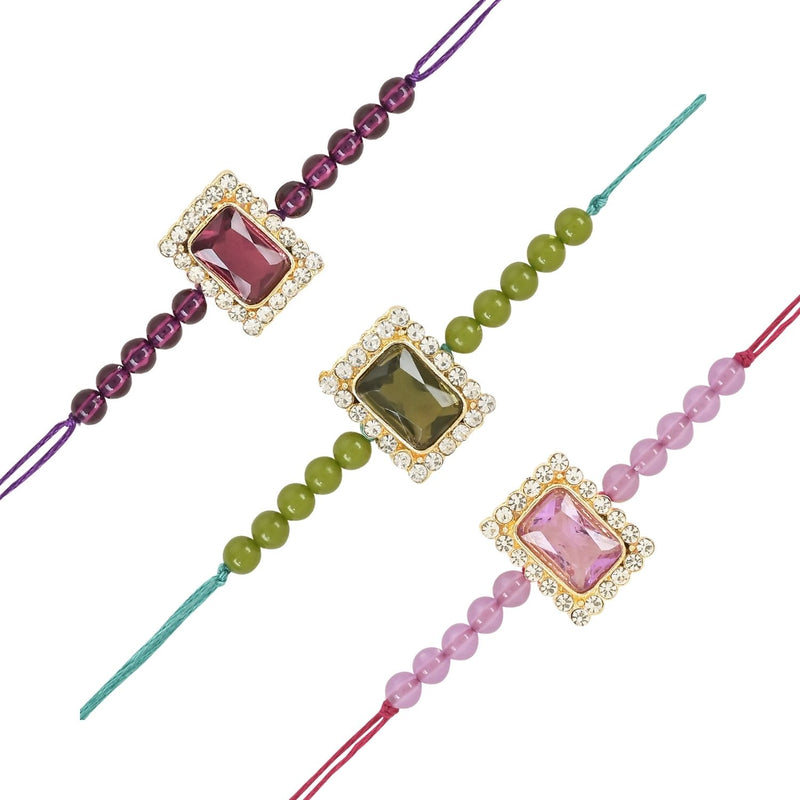 Etnico I Jewels Pearl & Kundan Designer Bhaiya Rakhi With Roli Chawal for Brother/Bro/Men with Rakshabandhan Card (R010MH-Pu-Wi) (Pack Of 3 Rakhi)