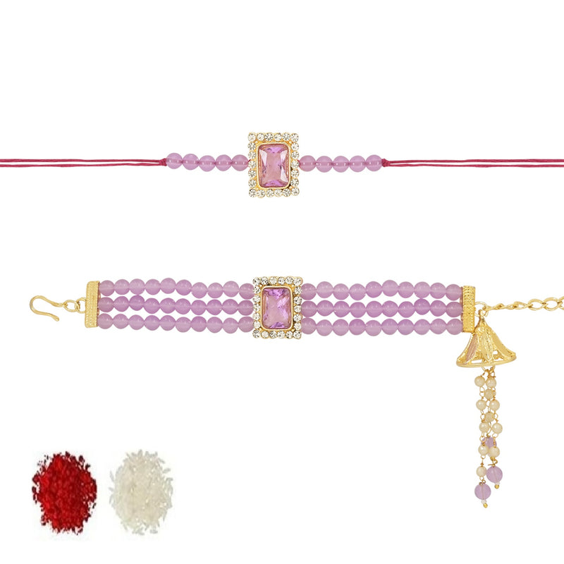 Etnico I Jewels Rakshabandhan Special Bhaiya Bhabhi Pearl Hanging Lumba Rakhi Combo Set With Roli Chawal (R010Pu-CO)