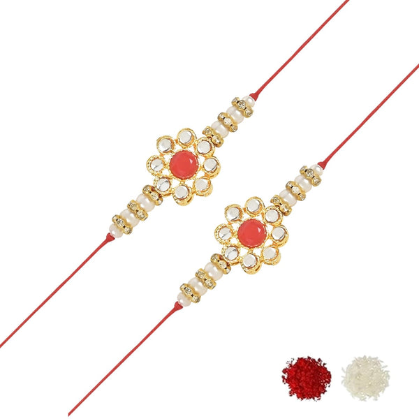 Etnico I Jewels Designer Kundan Pearl Combo Rakhi & Roli Chawal For Brother/Bhai/Bro/Men With Rakshabadhan Card (R014R-2) (Set of 2)