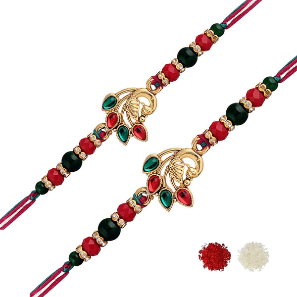 Etnico I Jewels Gold Plated Ethnic Peacock Design Beads Kundan Combo Rakhi Set & Rakshabandhan Card with Roli chawal for Brother/Men (R046-2) (Pack Of 2)