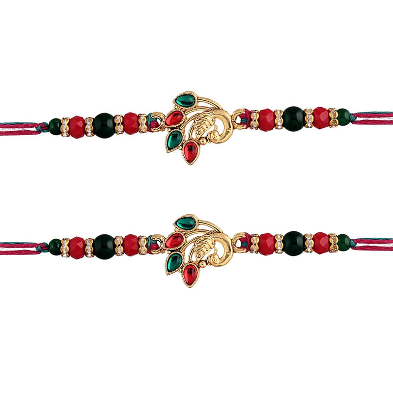 Etnico I Jewels Gold Plated Ethnic Peacock Design Beads Kundan Combo Rakhi Set & Rakshabandhan Card with Roli chawal for Brother/Men (R046-2) (Pack Of 2)