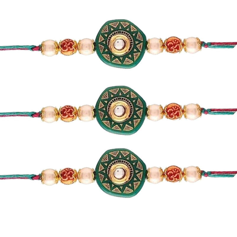 Etnico I Jewels Ethnic Designer Pearl Beads Combo Rakhi Set With Roli Chawal & Rakshabandhan Card For Brother/Bhai/Bro/Men (R057G-3) (Pack of 3)