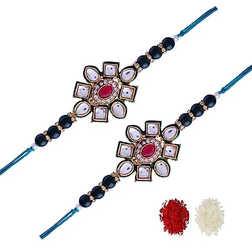 Etnico I Jewels Ethnic Designer Pearl Beads Kundan Studded for Rakshabhandan Rakhi Bracelet with Roli Chawal for Brother/Men(R080G-2) Pack of 2 Rakhi