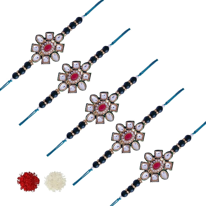 Etnico I Jewels Designer Pearl Beads Kundan Studded Combo Rakhi Set With Roli Chawal & Rakshabandhan Card For Brother/Bhai/Bro/Men (R080G-5) (Pack of 5)