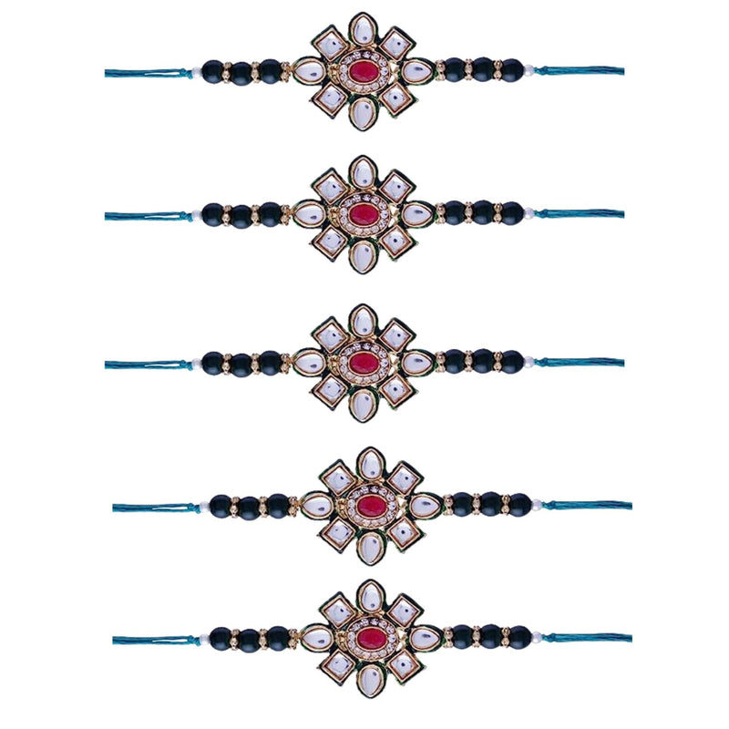 Etnico I Jewels Designer Pearl Beads Kundan Studded Combo Rakhi Set With Roli Chawal & Rakshabandhan Card For Brother/Bhai/Bro/Men (R080G-5) (Pack of 5)