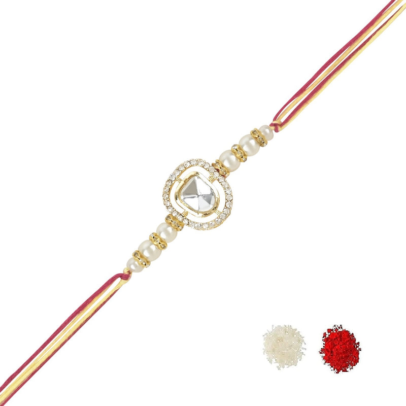 Etnico I Jewels Designer Kundan Pearl Rakhi With Roli Chawal & Rakshabandhan Card For Brother/Bro/Bhai/Men (R094W)